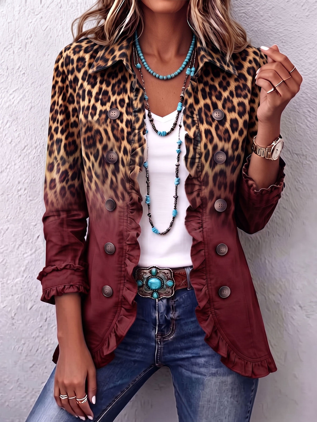 CARLOTA | Blazer de leopardo en degradado vino con volantes