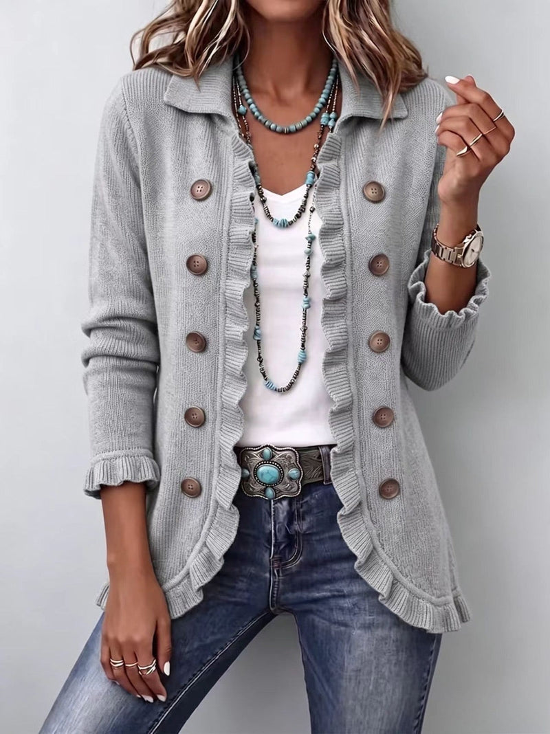 INÉS | Chaqueta de punto gris jaspeado con volantes