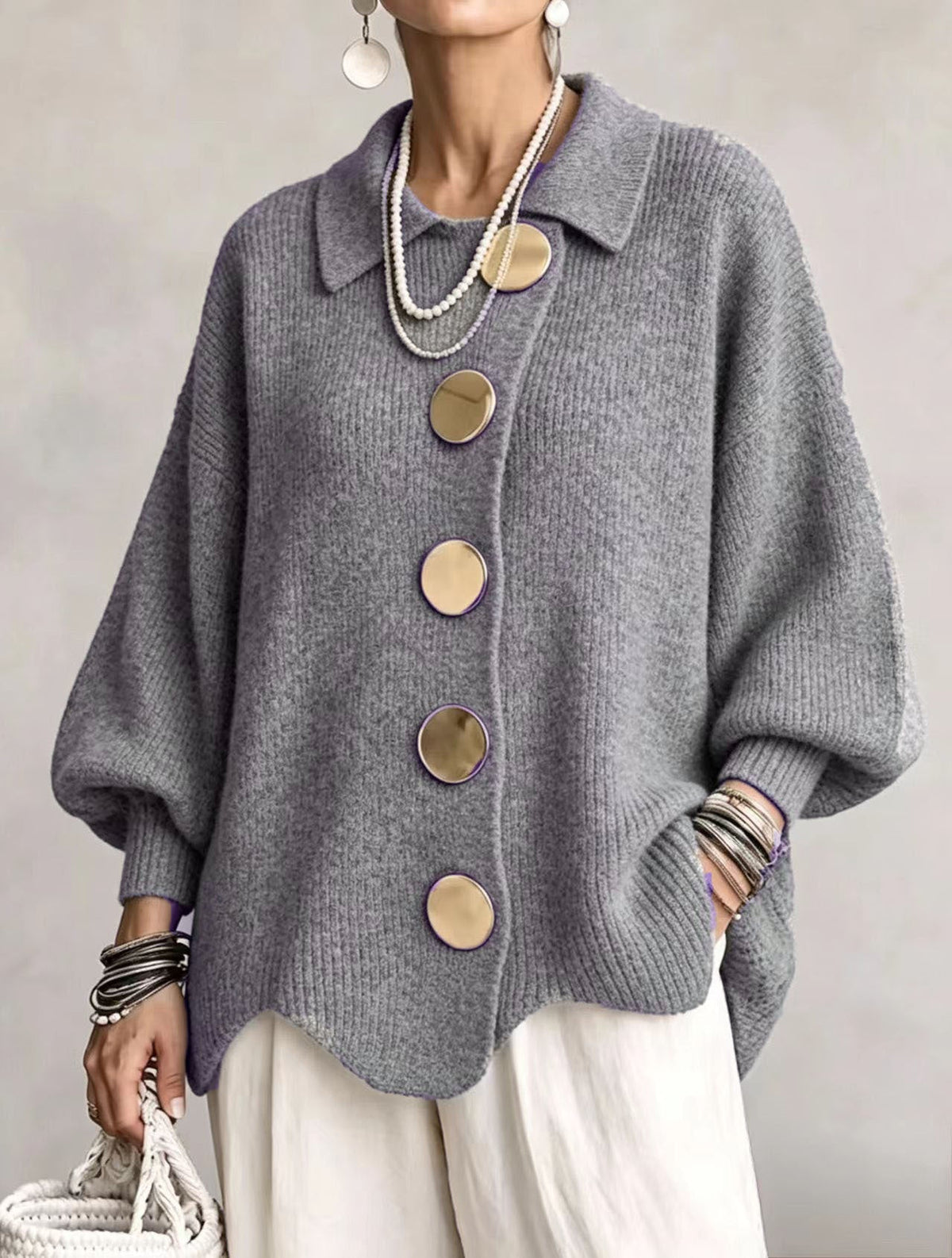 OLIVIA | Cárdigan oversize de punto grueso con botones dorados