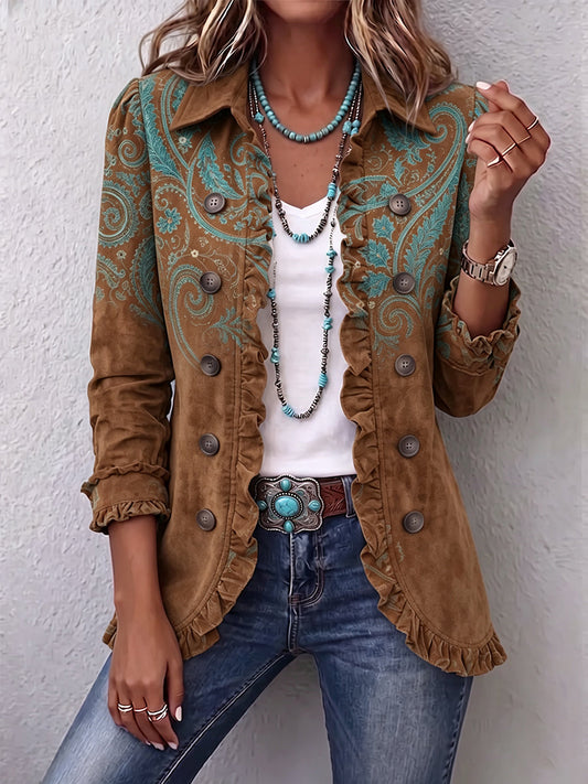 JIMENA | Chaqueta cruzada de cachemira caramelo y turquesa