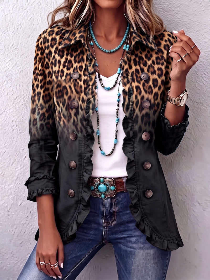 MARTINA | Blazer de leopardo negro carbón con volantes